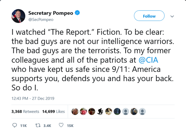 Screenshot_2019-12-28 Secretary Pompeo on Twitter I watched “The Report ” Fiction To be clear the bad guys are not our inte[...].png